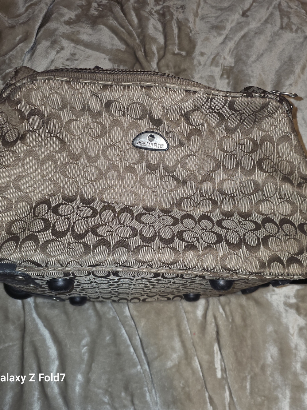 Brown Signature-Print Rolling Travel Bag